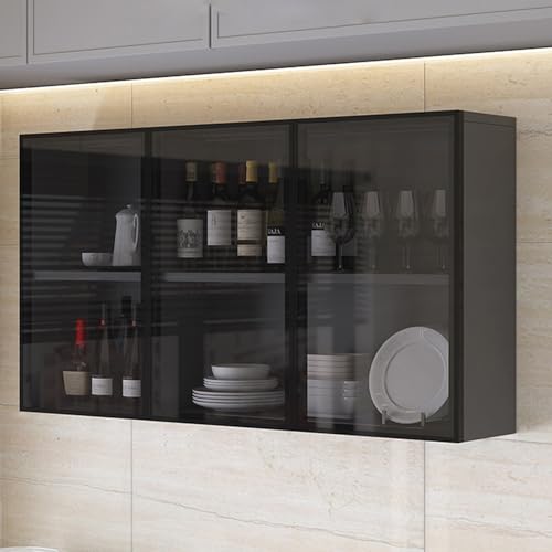Wall-Mounted Bathroom Glass Display Cabinet, Narrow Kitchen Storage, Brown/Gray Living Room Decor, Over-The-Toilet Organizer with Hidden Handle, Ideal for Bathroom & Kitchen