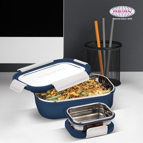 Image of Asian Plastowares - Snack Pack SS Lunch Box | Tiffin Box - Leak-Proof, Airtight | Lunch Box for Kids & Adults | Durable & Spill-Free School, Office, and College Tiffin | Navy Blue