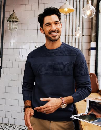 PJ PAUL JONES Mens Sweaters Crew Neck Textured Pullover Retro Knit Sweaters Navy Blue - Thumbnail 3