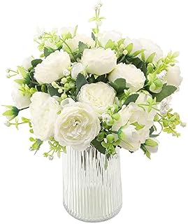 Decpro 4 Bunches Artificial Roses Peonies Flowers Bouquet Plastic Grasses Wedding Flowers for Home Party Garden Decor, Table Centerpieces, Flower Arrangements( White)
