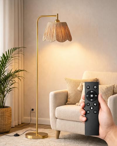 Image of JOOFO Boho Brushed Gold Floor Lamp with Remote, Flower-Inspired Shade | Pre-Assembled Shade, Stepless Dimming, 3 Color Temperatures, LED Bulb Included, Ambient Lighting for Living Room & Bedroom