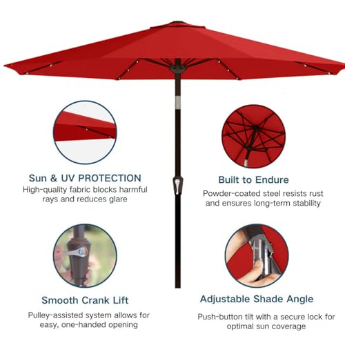 Image of 9' Solar LED Patio Umbrella with Tilt & Crank|8 Sturdy Ribs,UV Protection,Outdoor Market Table Umbrella for Deck,Lawn,Pool,Backyard (Red)