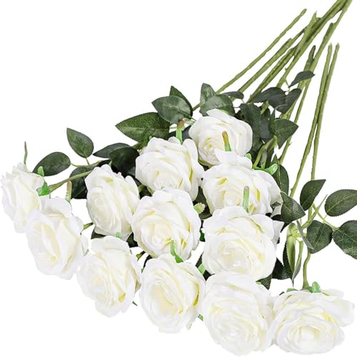10 Pcs Artificial Roses White Fake Roses Artificial Flowers with Stems Fake Artificial White Roses Silk Flowers for Home Garden Party Hotel Office Decor