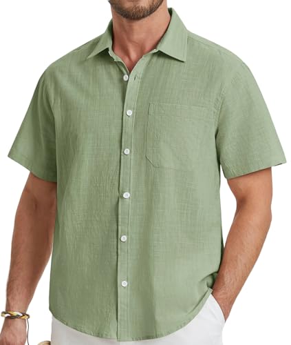 HISDERN Camisa Lino Hombre Manga Corta Casual Verano Camisas Elegante con Bolsillo Regular Fit Verde Salvia L
