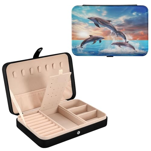 Haskirky Cute Dolphins Jewelry Box Portable PU Leather Travel Jewelry Organize for Women Jewelry Storage Display Holder for Ring, Necklace, Earring