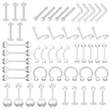 Teegxddy Juego de Piercing de 50 Piezas Cuerpo de Acero quirúrgico Piercing Stud Barbell para ceja Lengua Nariz Oreja Pezón Pezones Ceja Hélice Trago Cartílago Anillo Unisex