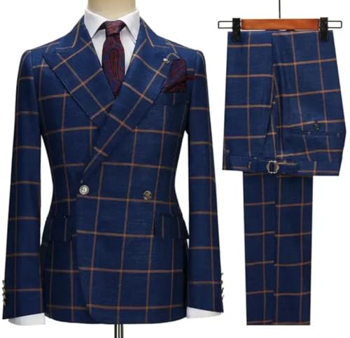 Men's 2 Pieces Check Plaid Suit Double Breasted Jacket Formal Dress Party Prom Tuxedos Set2