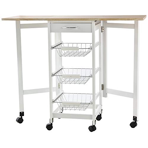 DecHome - Carrello Cucina con Ruote 3 Cestini Cassetto e Ribalte 6 Ruote Girevoli in MDF e Metallo 37x37x77.5cm Bianco e Legno - 125e801