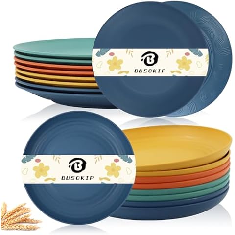 BUSOKIP 10 Inch Wheat Straw Plates Set of 16 Dinner Plates, Lightweight & Unbreakable Plates, Microwave Safe Plates Camping Plates (Multicolor) Cover