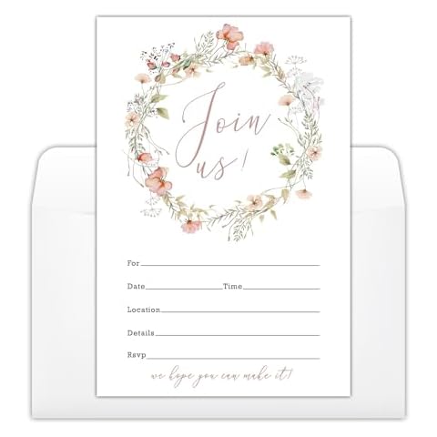 YUEXLL Set of 25 Colorful Flower Invitations with 25 White Envelopes, Join Us Fill-in Invites Cards Fit All Occasion for Birthday, Engagement, Wedding, Bridal Shower, Anniversary Party - 04 Cover