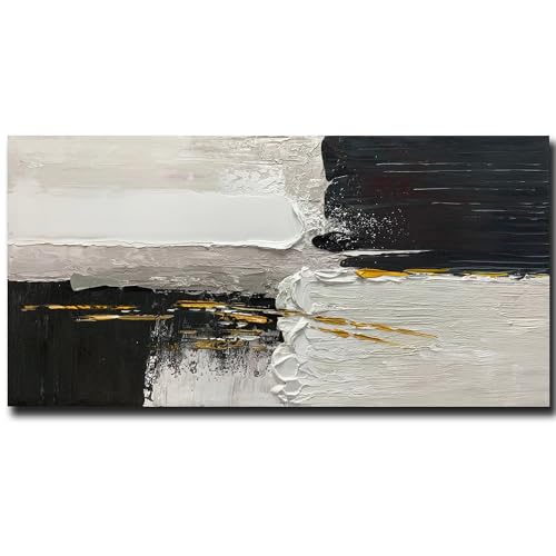 Boiee Art,24x48Inch Hand Painted Abstract Acrylic Wall Art Textured Black Yellow Beige Minimalist Oil Painting Contemporary Wrapped Canvas Artwork for Bedroom