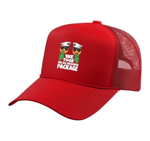 All Inclusive Package Swinger Upside Down Pineapple Cruise Trucker Hat with Adjustable Mesh Back, Red