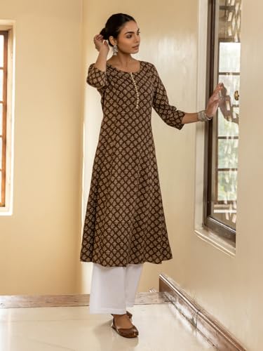 Image of FIORRA Women's Brown Floral Printed Cotton Flared Kurta