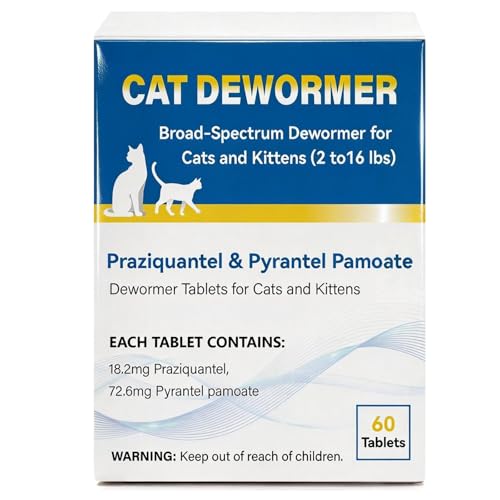 Cat Dewormer Tablet for Cats & Kittens – Praziquantel & Pyrantel Pamoate, Broad Spectrum Dewormer for Tapeworms, Roundworms & Hookworms, 60 Tablets