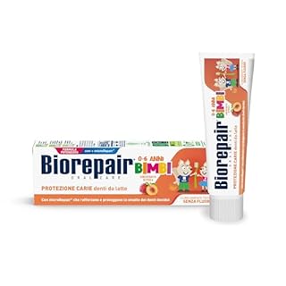 Biorepair, Dentifricio Bimbi 0-6 anni, Dentifricio Biorepair per Bambini Senza Fluoro Gusto Pesca, Anticarie, per Gengive Sane, 50 ml