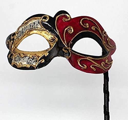 VENETIAN MASQUERADE CARNIVAL PARTY EYE BALL MASK BLACK RED & GOLD WITH MUSICAL NOTES SCRIPT ON A STICK-HAND HELD