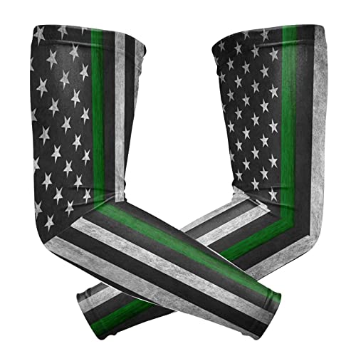 ZGXJJPP Thin Green Line Flag Arm Sleeves for Men or Women Compression Cooling Ice Silk UV Sun Protection Arm Sleeves Sports Protection Tattoo Cover Sleeves
