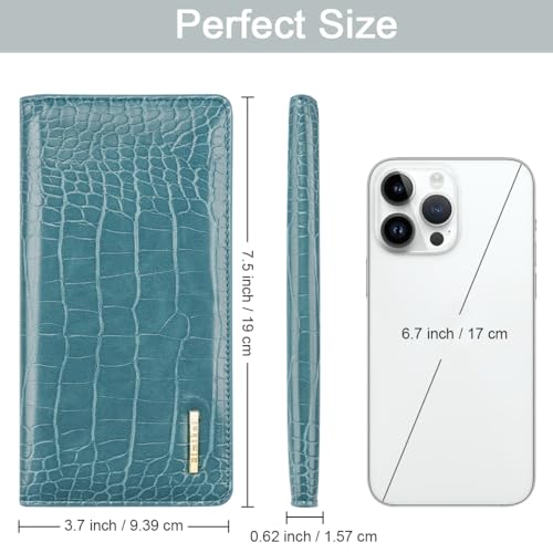 Image of Wallet Women Bifold Faux Crocodile Leather Slim Thin Long Wallets | RFID Blocking, Alligator Texture, Luxury, Credit Cards Holder, Female Woman Ladies Purse,Zipper Coin Pocket, Cadet Blue Croc