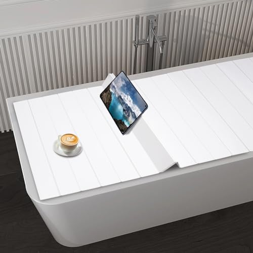 Folding Bathtub Cover, PVC Bathtub Protector with Heat Retention, Waterproof Tray for Flat Bathtubs, Adjustable, Dust Prevention, White, 70.87