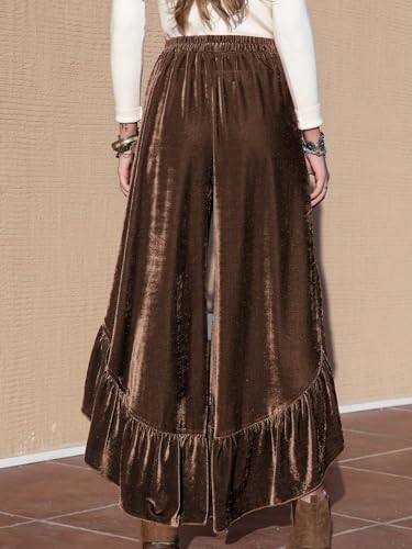 Velvet Palazzo Pants for Women Asymmetrical Ruffle Hem High Waist Flowy Wide Leg Trousers Boho Flare Pants2