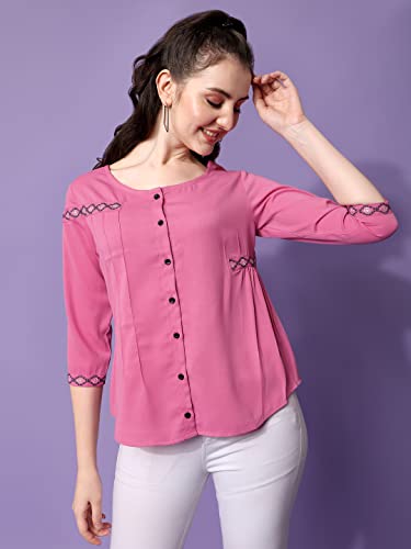 Image of PRETTIFY Women's Regular Fit Embroidered Casual 3 /4 Sleeve Western Top