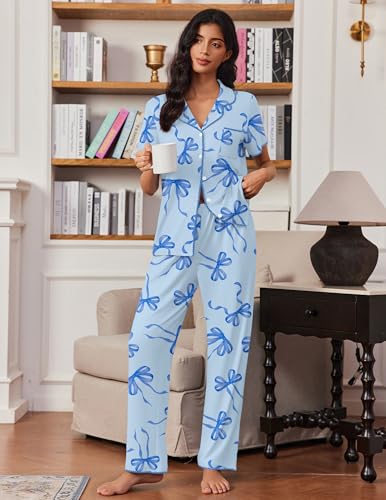 Image of Ekouaer Pajamas for Women Set Button Up Soft Pjs Short Sleeve 2 Piece Lounge Sets Comfy Sleepwear