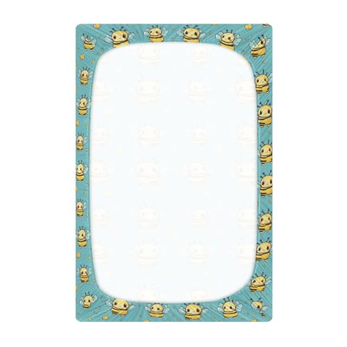 Image of Fitted Crib Sheets Cartoon Bee Holding Honey Pot Stretchy Portable Playard Sheets for Baby Toddler, Breathable Soft Mini Crib Mattress 39 x 27 in for Boys and Girls