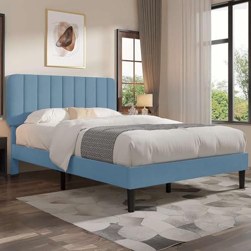 Image of VECELO Queen Size Bed Frame with Upholstered Headboard, Velvet Platform Bedframe Mattress Foundation, Strong Wood Slat Support, No Box Spring Needed,Sky Blue