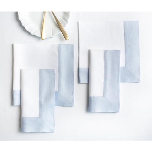 Solino Home 100% Linen Napkins, 20 x 20 in, Blue and White Border, Set of 4