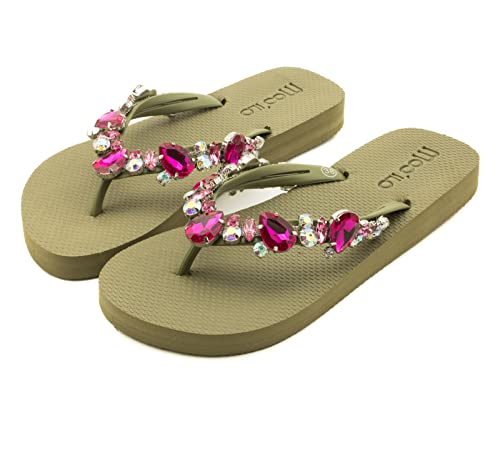 MOO´ILO Mooilo Sandalias de verano para mujer, con piedras de colores elegantes (bordadas a mano), suela ultrasuave, diseño, fabricada en Alemania, caqui, 40 EU