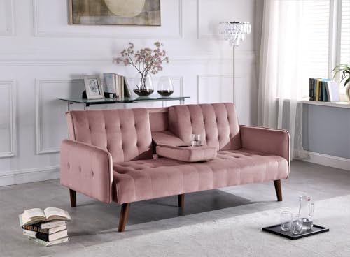 ERYE 72-Inch Linen Tufted Upholstered Futon Sofabed for Bedroom Living Room, Modern Convertible Futon Loveseat Sleeper Sofa Bed with Adjustable Backrest and Cupholders