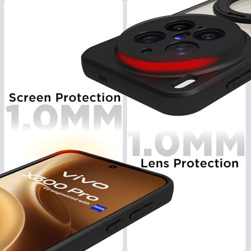 Image of RIGGEAR Shockproof Sleek Hybrid Armor 360 Rotating Magnetic Ring Stand Back Cover Case Compatible with MagSafe Accessories for Vivo X300 Pro (Clear PC + Black TPU Bumper)