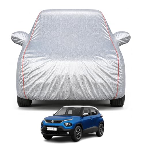 Image of Car Cover for Tata Punch (2021-2026) Model |100% Waterproof, UV & Dust Protection | Full Body Cover, Mirror & Antenna Pocket |Triple Stitched, Soft Inner Lining, Belt & Buckle (Metalic Silver)