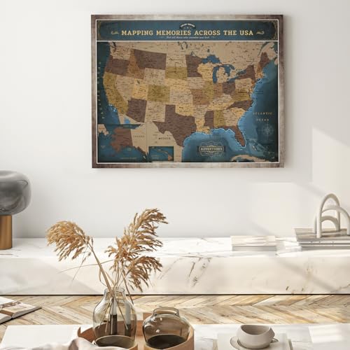 Image of DECORARTS - Deep Blue Vintage USA Travel Map Canvas with Pins, US Map for Travel, for Living Room or Office, Ready to Hang, 35x28''