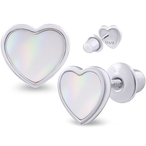 925 Sterling Silver Heart Pearls Stud Earrings for Girls Hypoallergenic Safety Screw Back Rhodium Plated - Heart Pearls Gifts Earrings for Baby Toddlers Little Teens Kids Jewelry