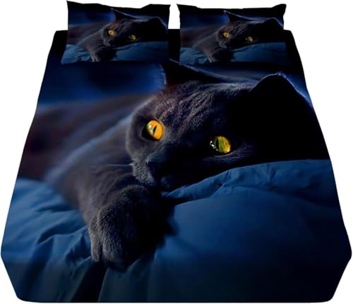 Linda Sábana Ajustable Individual para Gatos, Sábanas para Gatos con Bolsillo Profundo Sábana 3D De Microfibra Suave De 12 Pulgadas 90x190 Cm con 2 Fundas De ALM, Cute Cat, King size/150 x 200