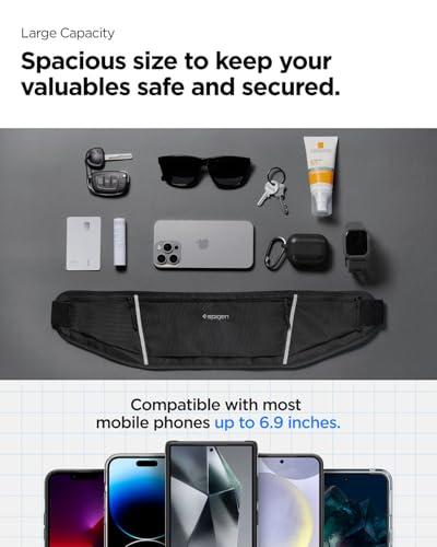Image of Spigen Waist Bag Mobile Holder for Running, Running Belt with Adjustable Strap Compatible with iPhone & Samsung & Other Models, Lightweight Reflective Fanny Pack for Jogging, Workout (Nylon) - Black