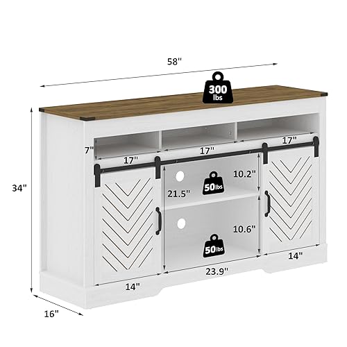 Image of RoyalCraft Farmhouse TV Stand with Sliding Barn Door for TVs up to 65+ Inch, 34 inch Tall Entertainment Center, Wood Media Console Storage Cabinet for Bedroom, Living Room, White and Rustic Oak