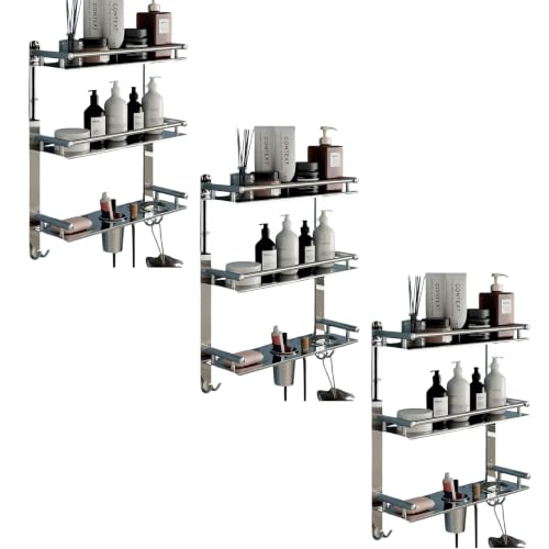 Image of GLOXY Premium 3 Layer Bathroom Shelves Rack - Wall Mount Chrome Finish Stainless Steel Bathroom Shelf with Soap Dish, Toothbrush Holder & Multipurpose Hooks - 4in1 Bathroom Fittings Accessories Set