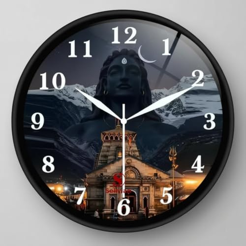 Image of Lord Shiva & Kedarnath Temple Wall Clock for Modern Home Decor | Luxury Round Analog Silent Non-Ticking Spiritual Adiyogi Watch for Elegant Living Room & Puja Room, Black Frame
