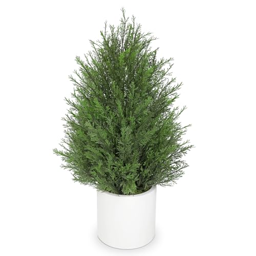 Briful 27” Artificial Cedar Topiary Tree in White Planter – Realistic Faux Evergreen Faux Floor Plant with Layered Leaves, Decorative Indoor Outdoor Potted Shrub for Home, Office, Patio, Porch