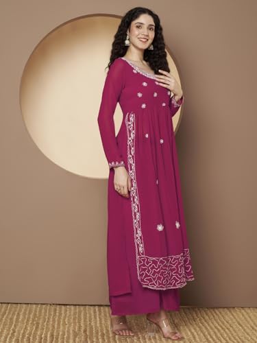 Image of PH POSHAKHUB Women A-Line Nyra Cut Kurta with Sharara in Georgette with Aari Work