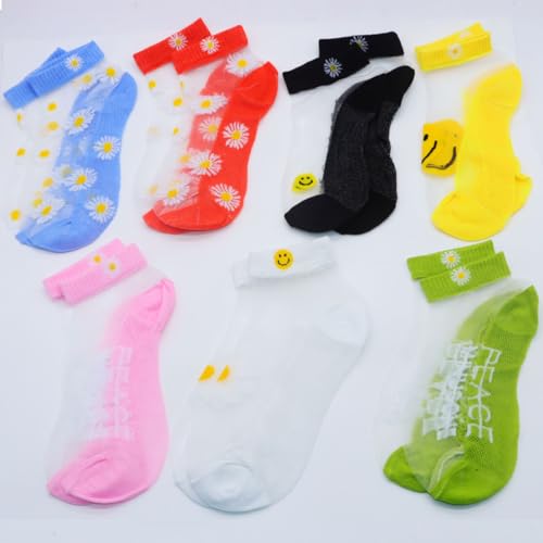 FZBNSRKO 7 Pairs Sheer Lace Ankle Socks Ultra Thin Transparent Colorful Mesh Low Cut Sock Short No Show Liner Thin Lace Fishnet Socks for Women/Girls(Mixed Color)3
