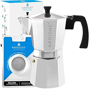 GROSCHE Milano Stovetop Espresso Maker Moka pot 9 espresso Cup 152 oz Silver and 3 Replacement Seals Gaskets Bundle Stove top coffee maker Moka Italian espresso coffee maker and replacement gaskets