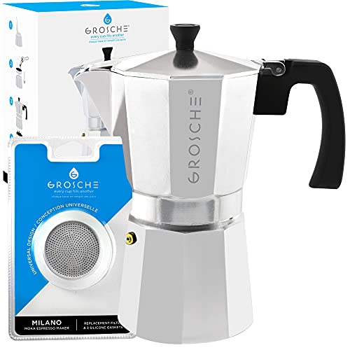 GROSCHE-Milano-Stovetop-Espresso-Maker-Moka-pot-9-espresso-Cup-152-oz-Silver-and-3-Replacement-Seals-Gaskets-Bundle-Stove-top-coffee-maker-Moka-Italian-espresso-coffee-maker-and-replacement-gaskets GROSCHE Milano Stovetop Espresso Maker Moka pot 9 espresso Cup 152 oz Silver and 3 Replacement Seals Gaskets Bundle Stove top coffee maker Moka Italian espresso coffee maker and replacement gaskets