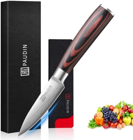 PAUDIN 9cm Gemüsemesser mit 5Cr15MoV Stahl & ergonomischem Holzgriff | 56+ HRC Härtegrad, rostfest & lang scharf, 13° doppelseitige Schneide für Links- und Rechtshänder