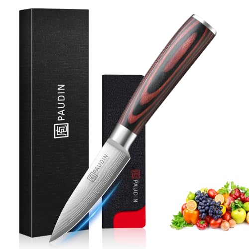 Produktfoto von PAUDIN 9cm Gemüsemesser mit 5Cr15MoV Stahl & ergonomischem Holzgriff | 56+ HRC Härtegrad, rostfest & lang scharf, 13°&hellip;