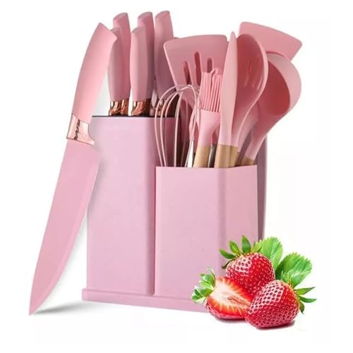 Juego de Utensilios 19pz | Espátulas Con Cuchillos Y Tabla | Kit 19 Piezas de Cocina | Set de Instrumentos de Silicona | Mango de Madera Resistentes...