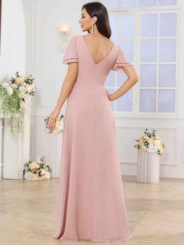 V Neck Bridesmaid Dresses for Women Modest Short Sleeve Chiffon Ruched Formal Party Dress2