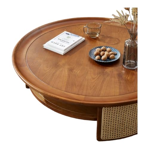 Image of Rattan Coffee Table - Cane Center Table with Shelf for Storage - Bohemian Solid Mango Wood Coffee Table for Office and Living Room - Round, 32 inch x 32 inch x 16.5 inch, Honey Finish